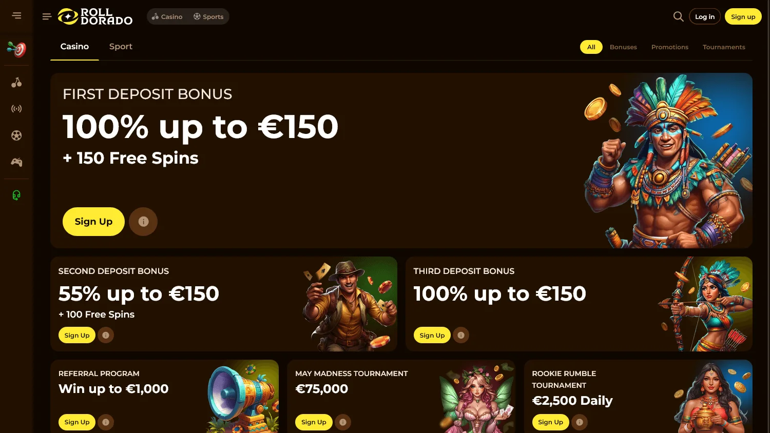 Rolldorado Casino desktop promotions area with tournament and activity offers