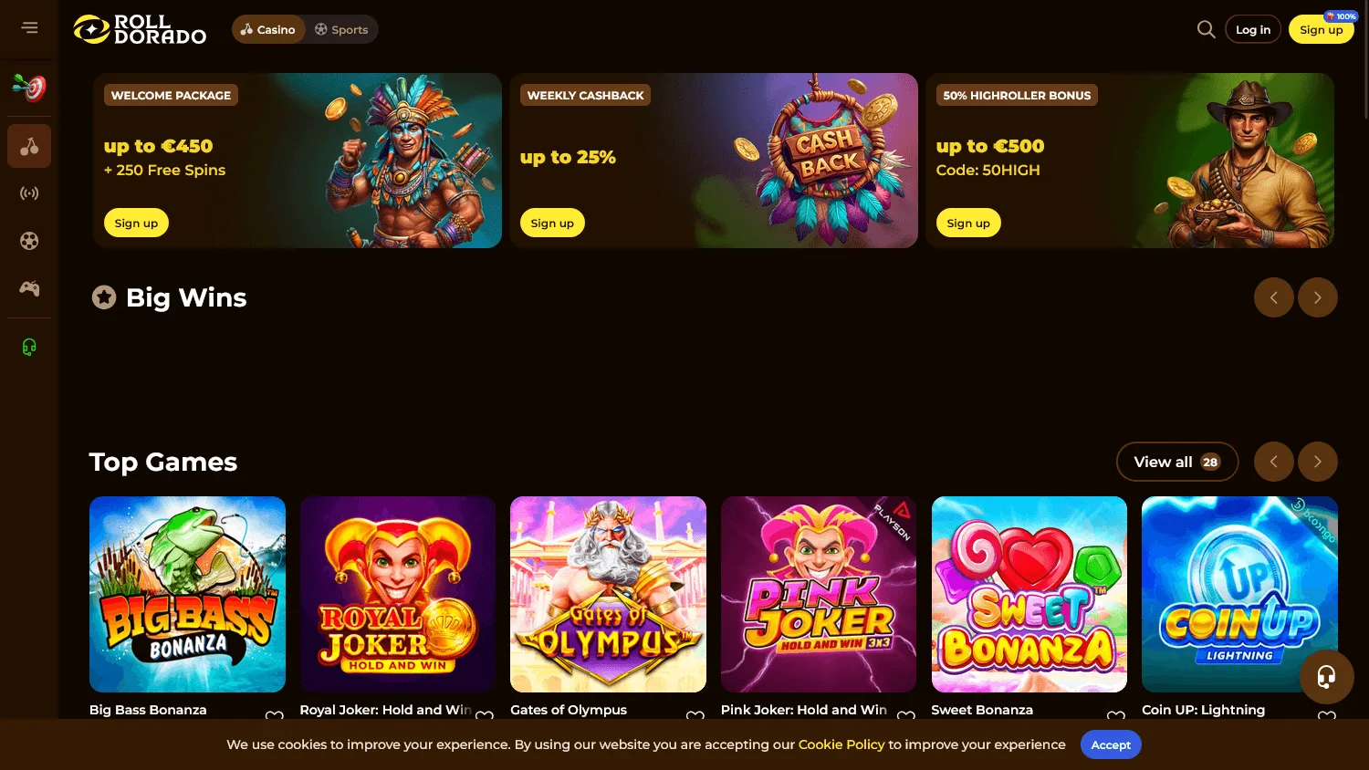 Rolldorado Casino desktop home screen with casino and live casino navigation